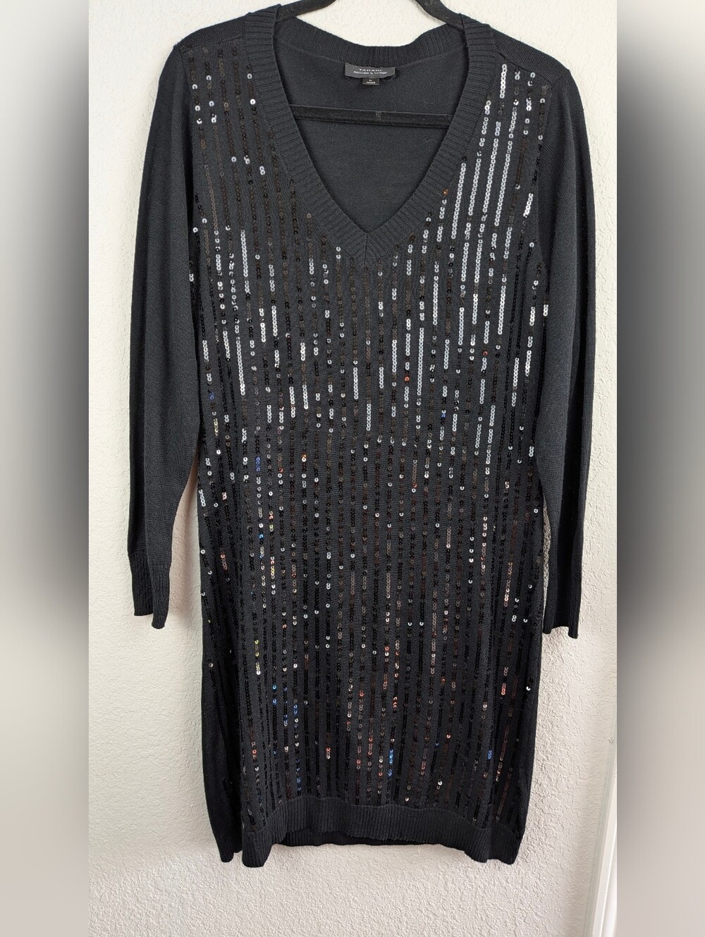 Tahari ASL Sequin Sweater Dress L Midi Length Black Excellent Condition
